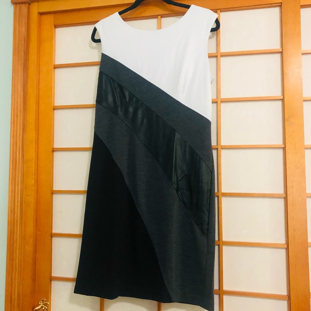 White, grey, and black mixed media dress, size 10